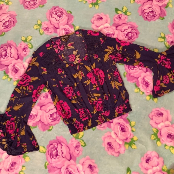 Express Tops - Express Navy Bell Sleeve Peasant Top Pink Floral
